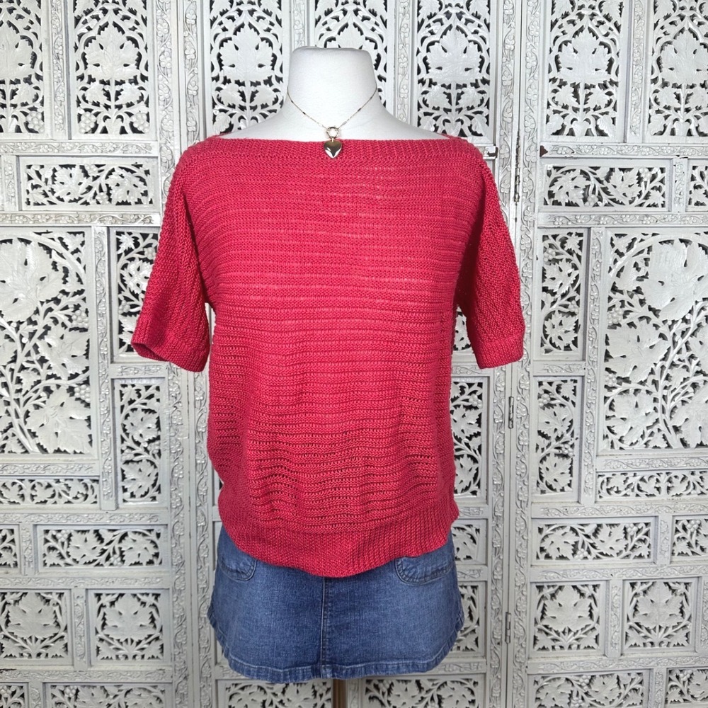 Lauren Ralph Lauren Red Knit‎ 100% Linen Short Sleeve Boat Neck Sweater Sz L
